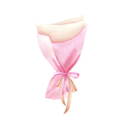 Decorative paper packaging for flower bouquet with tied satin bow, ribbon. Watercolor blank empty clip art. Pink Beige open festive package. Illustration isolated from background. Hand drawn art.