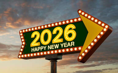 Retro Arrow Sign with Lights for Happy New Year 2026 at Sunset