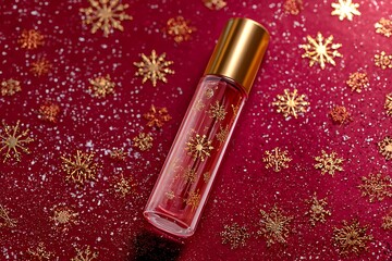 Perfume bottle with golden snowflakes on a red background for christmas