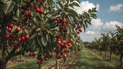Juicy, luscious cherries hang on the garden tree amidst green leaves.