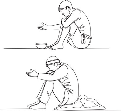 Continuous line drawing of two beggars asking for help. Poverty and homelessness vector art.