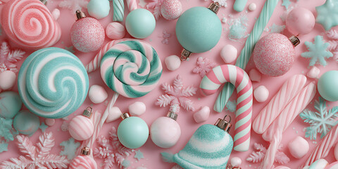 A festive arrangement of pastel-colored Christmas candies and ornaments, featuring swirls, stripes, and snowflake shapes.