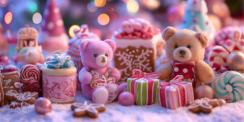 A whimsical collection of teddy bears, festive sweets, and wrapped gifts arranged in a snowy, magical holiday scene with twinkling lights.