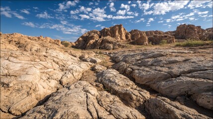 Obraz premium Breathtaking view of a rocky terrain bathed in sunlight with scattered clouds above.