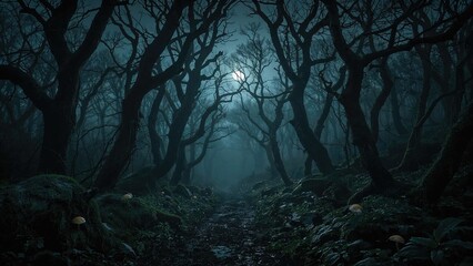 Obraz premium Light in dark eerie forest with moonlight shining through twisted trees and dense foliage. Mysterious and spooky atmosphere.
