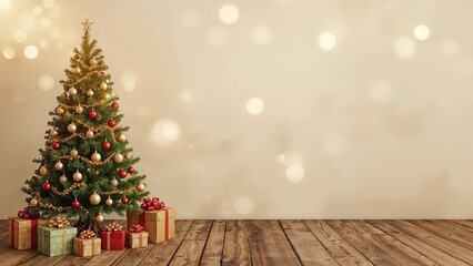 Christmas banner background; holidays gift, Christmas tree decoration and copy space for your text