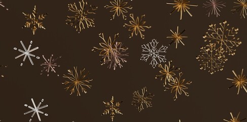 Decorative seamless pattern of golden snowflakes on a dark brown background. Perfect for holiday design, Christmas, New Year. Ideal for wallpape