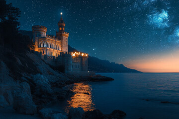A castle standing on the shore of a sea that glows every night  