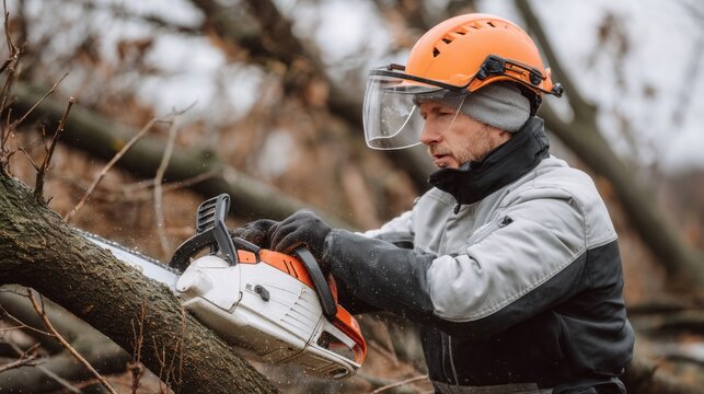 Man cutting down a tree with a chainsaw in a forest clearing during late autumn daylight