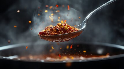 A spoonful of chili flakes falling into a boiling hot soup, with visible steam and spices, ultrarealistic