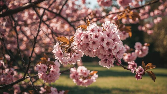 Cherry blossom flowers on the branch with pink petals and leaves.