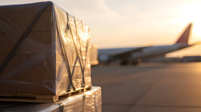 Palletized cargo awaits air transport. Wrapped pallets are staged near a large aircraft on the tarmac at sunset, ready for swift global delivery and efficient supply chain logistics.