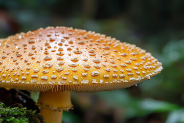 A close-up of a moist mushroom cap glistening after rainfall