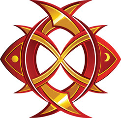 Lunar Geometric Modernism, red and gold angular geometric pattern creating diamond composition