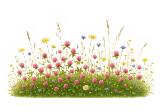 Wildflower meadow border with clover and diverse small blooming plants, fresh spring greens, transparent background