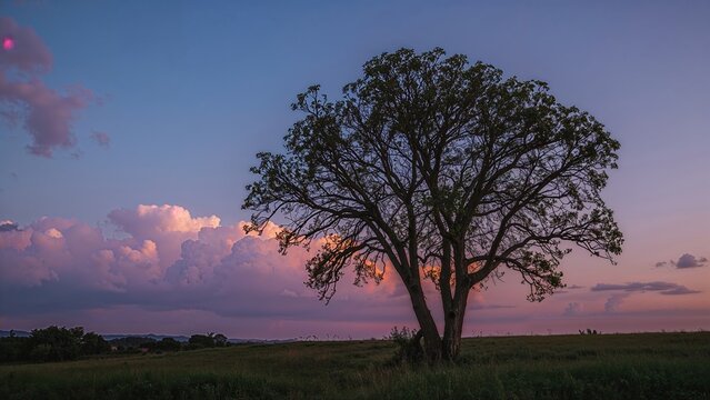 Sunset with Cotton Candy Clouds over a lone tree in a grassy field