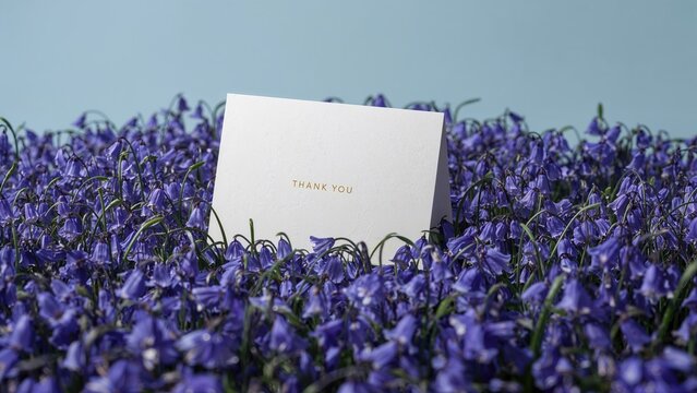 Thank you card among bluebells with natural background of Siberian scilla, lat. Scilla siberica in spring garden.