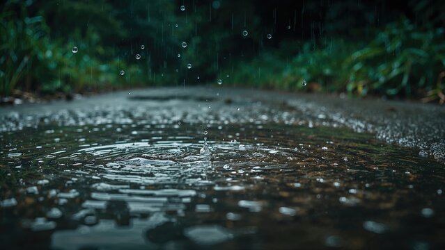 Rainwater pools during intense rainfall on a road with raindrops falling, creating reflections on the water surface.