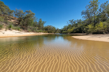 A clear sandy riverbed with intricate ripple patterns