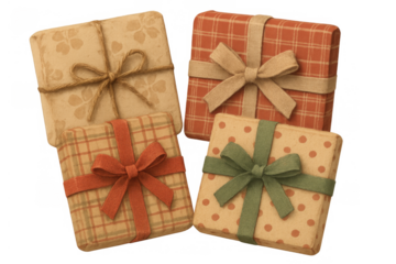 Four rustic holiday gifts with textured wrapping paper and ribbons for celebrating christmas, birthdays, and special occasions