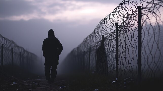Silhouette of a hooded man walking along a fence with barbed wire in a foggy atmosphere. The sky is painted in soft pastel colors of sunset or dawn, creating a dark and mysterious mood.