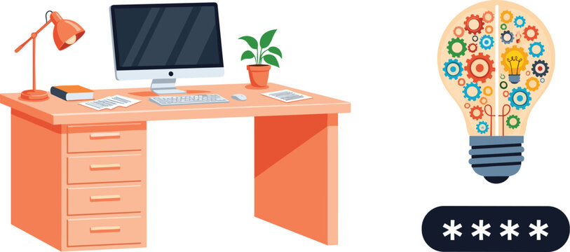 Modern Workspace with Idea Lightbulb and Password: Conceptual Illustration for Business Solutions, Innovation, and Technology Security in a Contemporary Environment. Perfect for Marketing, Presentatio