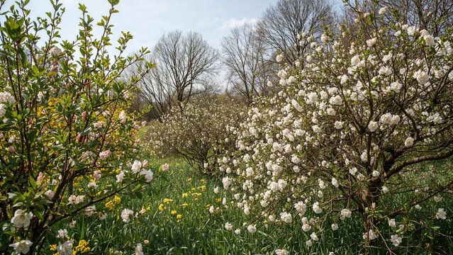 Flowers in spring on trees, shrubs and plants background, flower, summer, nature, spring, landscape, garden, green, farm, agriculture