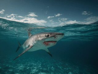 Dynamic Shark Action: Two Great White Sharks Swimming in the Ocean.