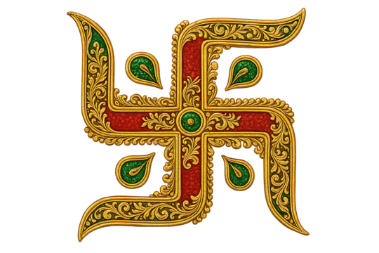 Detailed Golden and Red Swastika Design for Indian Festival Graphics, Representing Auspiciousness, Luck, and Eternal Movement