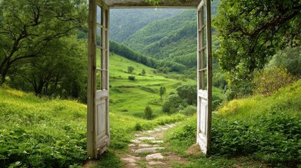 Fototapeta premium An open door frames a vibrant meadow surrounded by green hills and trees under a clear sky.