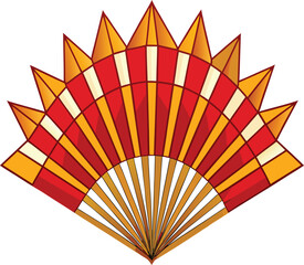 Lunar Geometric Modernism, red geometric fan with gold radiating rays in sunburst formation