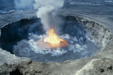 A close-up of magma bursting from a volcano crater