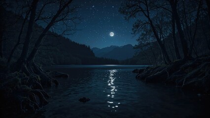 Night landscape with dark forest, river, and mountains under night sky, reflecting moonlight in water. Dark natural background.