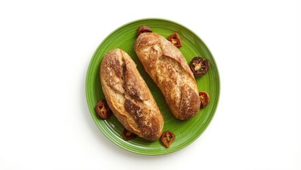 A picture of bread and vegetables on a green plate against a white background, suitable for bakery ads, food, table, leaf, green, bread, breakfast, salad, wheat, flat