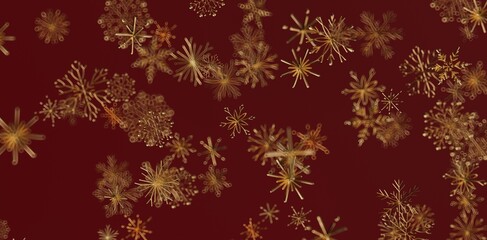 Abstract golden snowflake pattern on a deep red background for winter holiday season decorations. Ideal for Christmas cards and seasonal designs