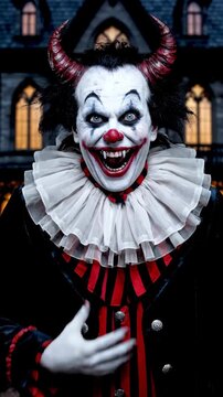 Evil Clown Halloween Costume - A terrifying clown with devil horns grins wickedly, his hand on his chest. He's dressed in a black and red striped costume against a blurry background of an old house.