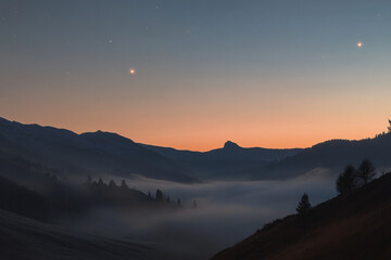 A conjunction of Mars and Venus seen from a misty valley  
