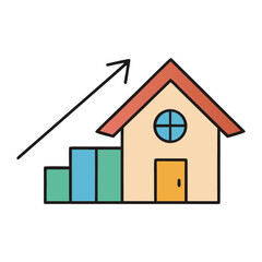 A house with an upward graph symbolizing real estate growth, rising property value, and successful investment in the housing market. Perfect for financial themes.
