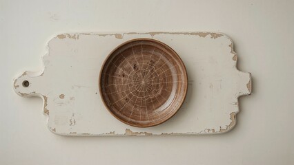 Cracked brown plate on aged white painted boards