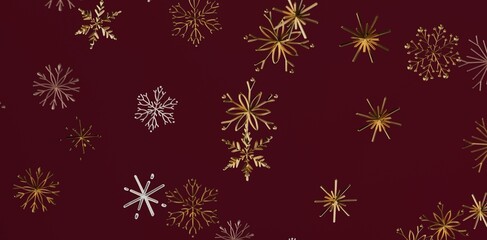 Festive background with golden and silver snowflakes on a rich burgundy color for Christmas and New Year decorations. Perfect for greeting cards