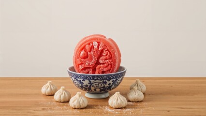 Big Tangyuan on Blue Bowl. Sweet Dumpling Balls for Festival