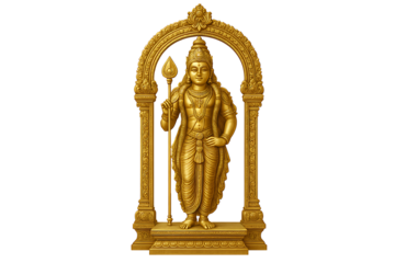 Exquisite 3D digital sculpture of Kartikeya, the son of Shiva, a powerful symbol of courage, wisdom, and divine leadership, rendered in polished gold.