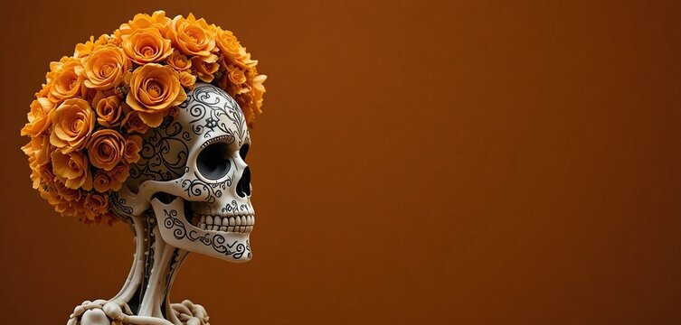 Ornate calavera skull decorated with vibrant orange roses and elegant scrollwork patterns on a warm brown background, profile view