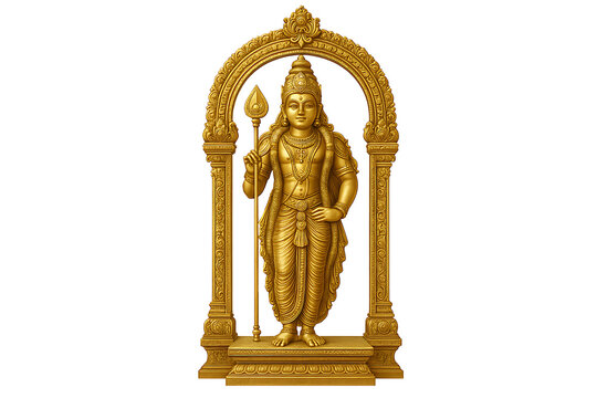 Exquisite 3D digital sculpture of Kartikeya, the son of Shiva, a powerful symbol of courage, wisdom, and divine leadership, rendered in polished gold.