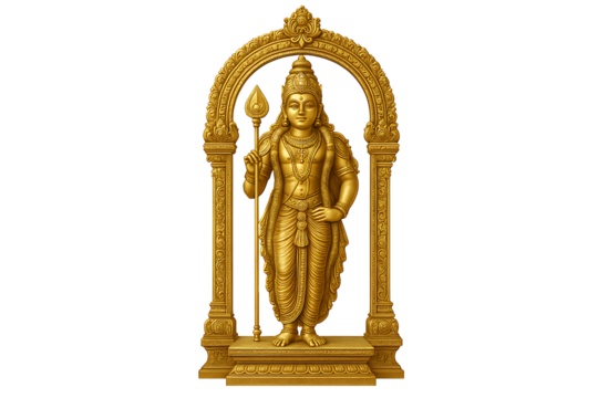 Exquisite 3D digital sculpture of Kartikeya, the son of Shiva, a powerful symbol of courage, wisdom, and divine leadership, rendered in polished gold.