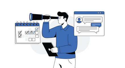 Man Planning Business Strategy with Spyglass Analyzing Future Communication on Tablet, Reviewing Calendar Schedules for Project Timeline, in Modern Office, Illustration for Presentation, Marketing, Ad
