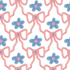 Blue and Pink Coquette bows and daisy florals seamless pattern