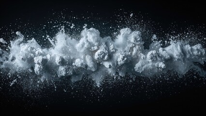 Abstract wide horizontal design of white powder snow cloud explosion on dark background