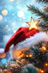 Obraz premium Festive christmas scene featuring santa hat and glowing star on evergreen branches