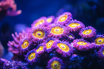 A coral reef polyps glowing vibrantly under UV blacklight